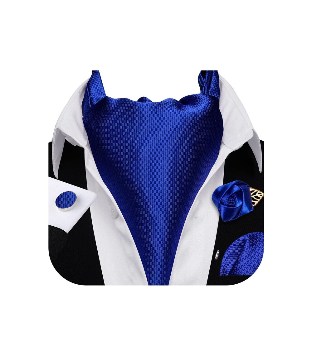 6517 Ascot Tie Cravat Set Royal Blue Plaid Scarf Neckties Pocket Square